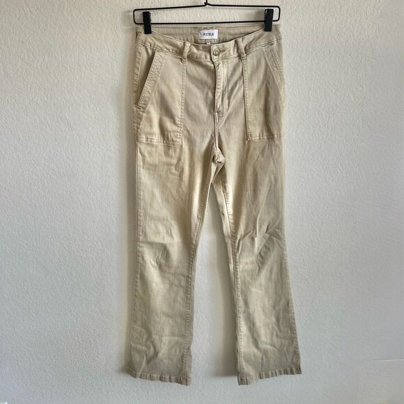 PISTOLA Lyla Khaki High Rise Flare Wide Leg Denim Jeans Pants Womens 28 - Picture 1 of 6